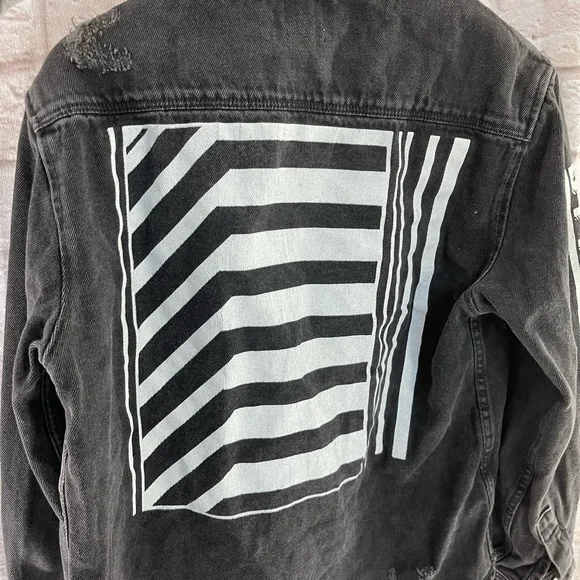 Zara Mens Black Denim Overshirt Text Print Graphic Black Distressed Snap Button - Picture 3 of 4